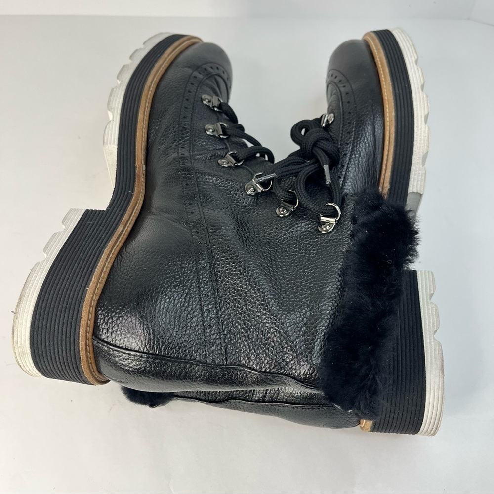 Napoleoni Italy Black Leather Ankle Boots Faux Fur Lugged Heeled 1.5" Women's 9 - Picture 8 of 8